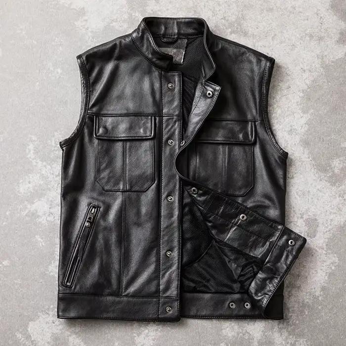 Gilet de motard en cuir de vache véritable pour hommes