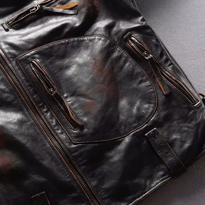 Blouson d'hiver en cuir véritable pour homme, noir, vintage, style rétro, grande taille 5XK, optique naturelle, peau de vache, fermeture éclair alertes onale