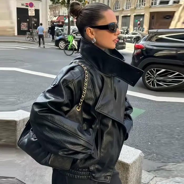 HXAO Faux cuir noir vestes pour femme nouveauté recadrée surdimensionné Bomber veste fermeture éclair à manches longues