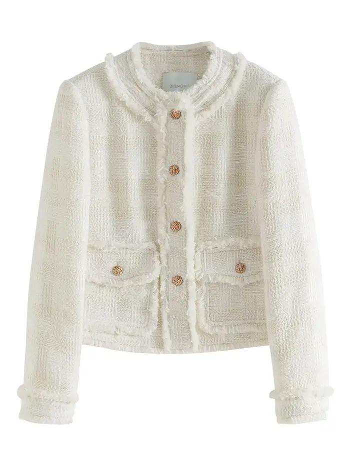 ZIQIAO-Manteau Blanc à Bord Brut pour Femme, Veste à Col Rond, Haut en Laine, Élégant et Chic, Style Français, Nouveau Design, Automne et Hiver, 23ZQpayée ity 382