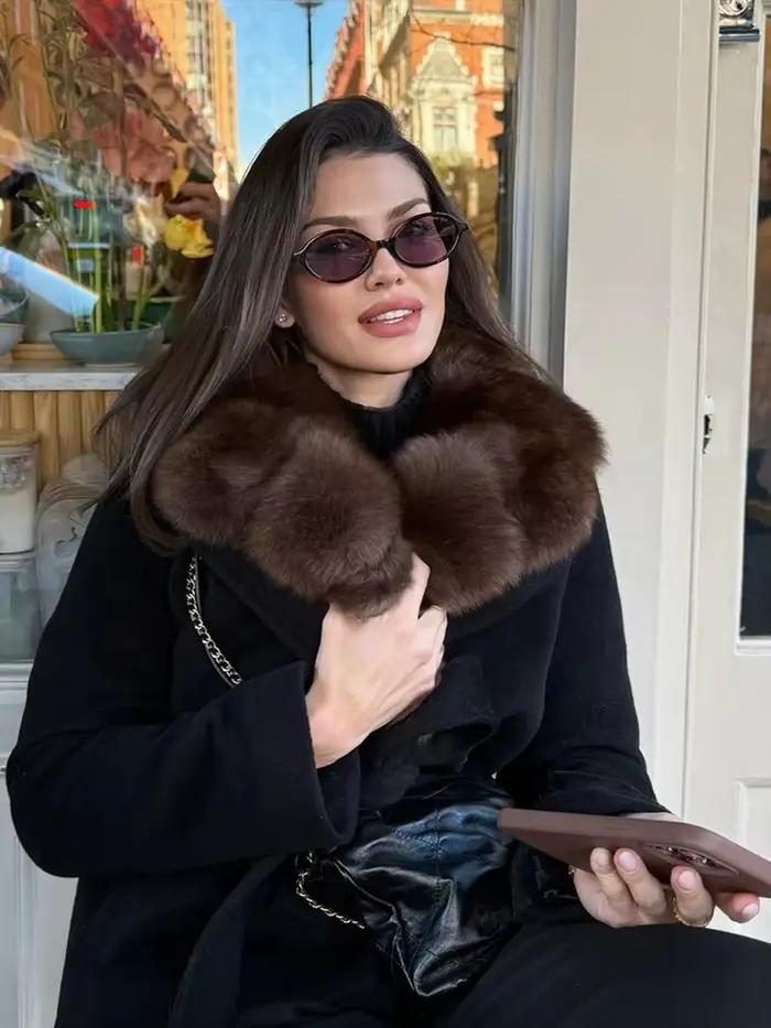 Col de fourrure à lacets manteau femme couleur unie taille cintrée manches longues vestes polyvalentes luxueux mode femmes nouveaux manteaux chauds