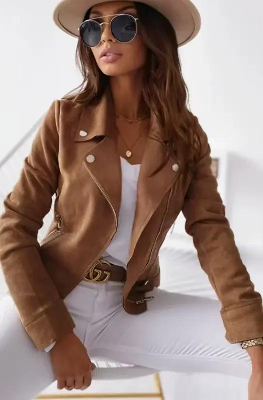 Femmes 2025 nouveau solide Bomber vestes revers cou manches longues femme élégance Chic décontracté hauts en daim Vintage recadrée manteaux