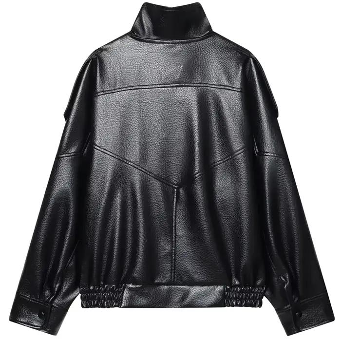 HXAO Faux cuir noir vestes pour femme nouveauté recadrée surdimensionné Bomber veste fermeture éclair à manches longues