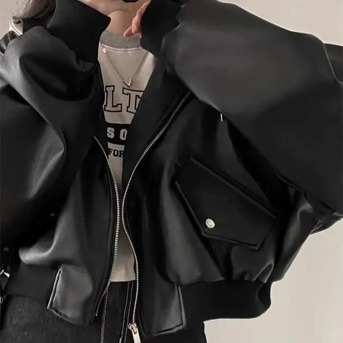 Veste coréenne haut de gamme en cuir PU noir pour femmes