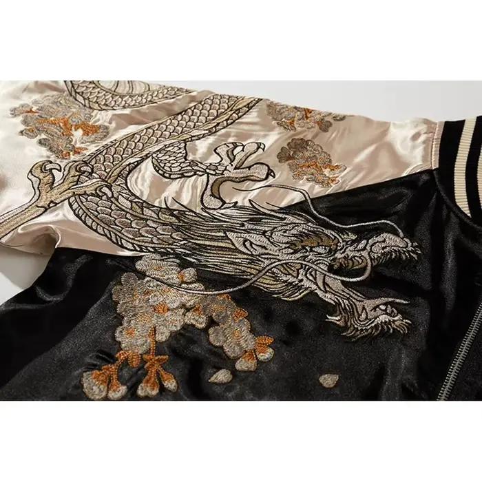 Blouson Bomber Homme en Satin Broderie Dragon Phénix Décontracté Streetwear Printemps Automne Col Montant Vêtement d'extérieur Tendance SukajanA1
