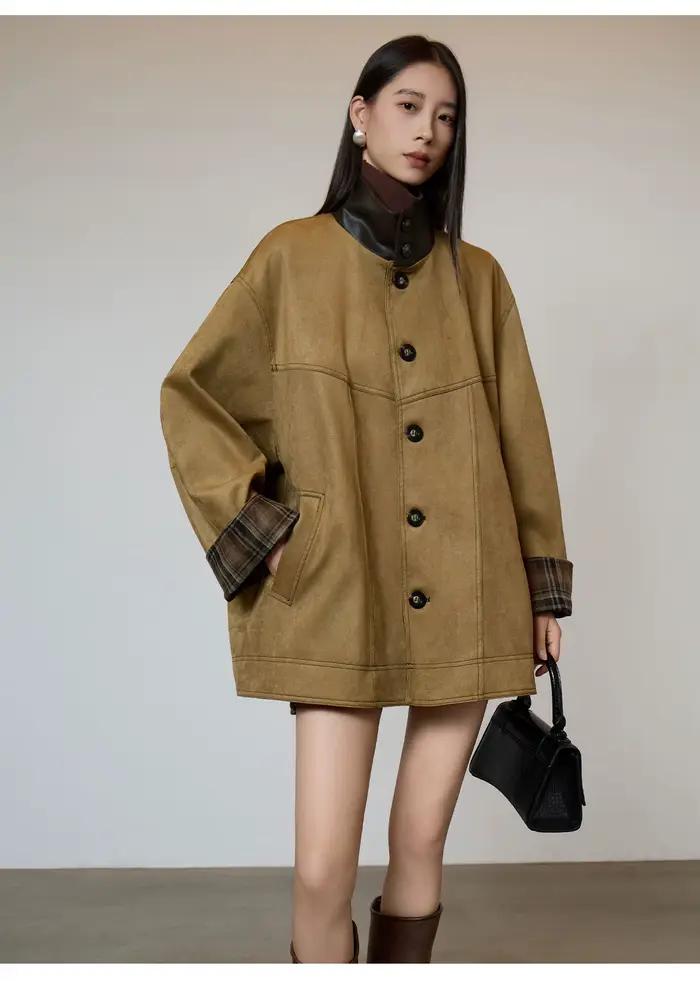 Trench-Coat à carreaux en daim rétro pour femmes