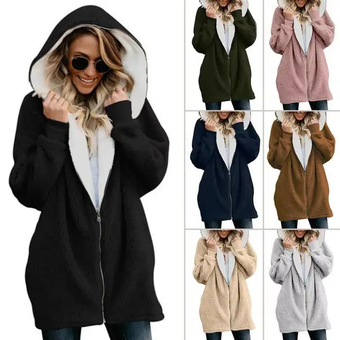 Pardessus d'hiver décontracté pour femme, manteau à capuche avec poche, veste élégante avec fermeture éclair