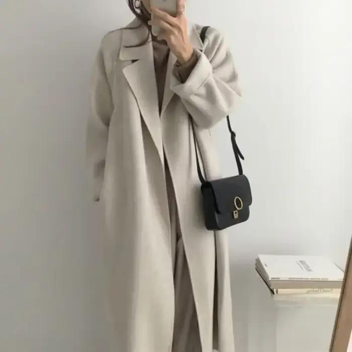 Manteaux longs en laine pour femmes, taille Midi, ceinture à lacets, mélange d'épissure, Cardigan à manches longues, solide, épais, chaud, vestes droites pour l'hiver