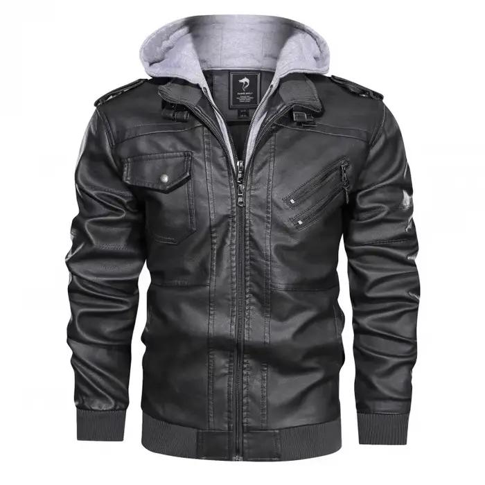 Hommes vestes faux deux veste en cuir Double fermeture éclair amovible à capuche Biker manteau en cuir mâle Cardigan pardessus