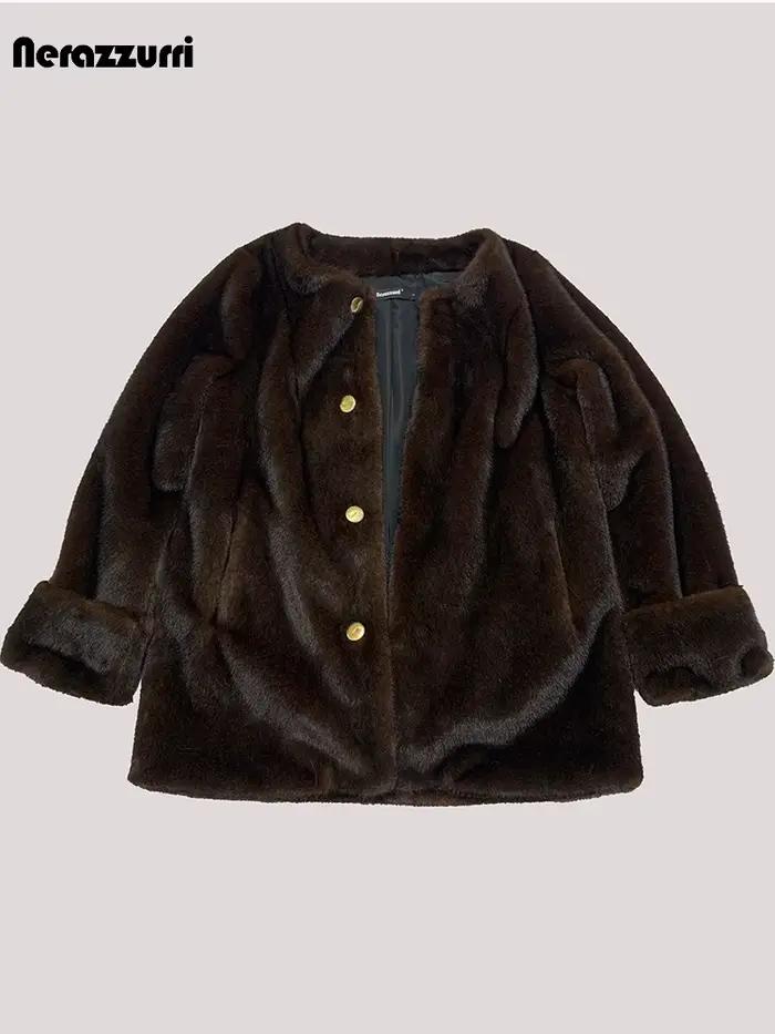 Manteau en fausse fourrure de vison Nerazzurri pour femme, veste moelleuse chic, marron, chaud, doux, élégant, luxe, vêtements de styliste, printemps, automne, hiver, 2025