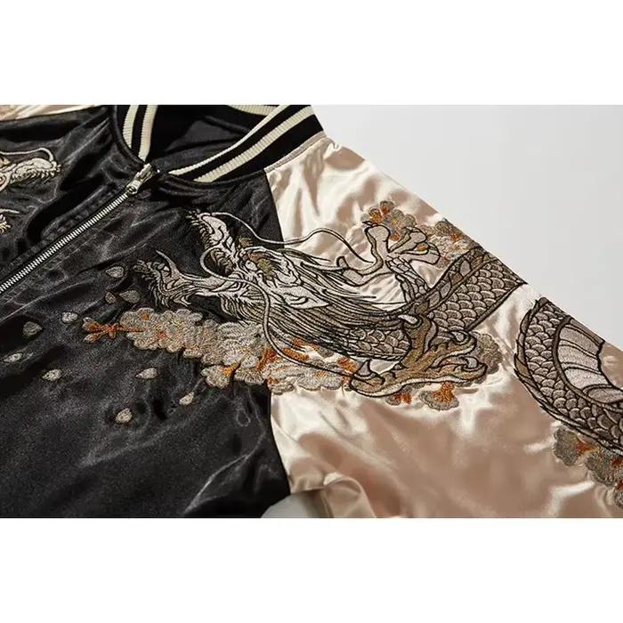 Blouson Bomber Homme en Satin Broderie Dragon Phénix Décontracté Streetwear Printemps Automne Col Montant Vêtement d'extérieur Tendance SukajanA1