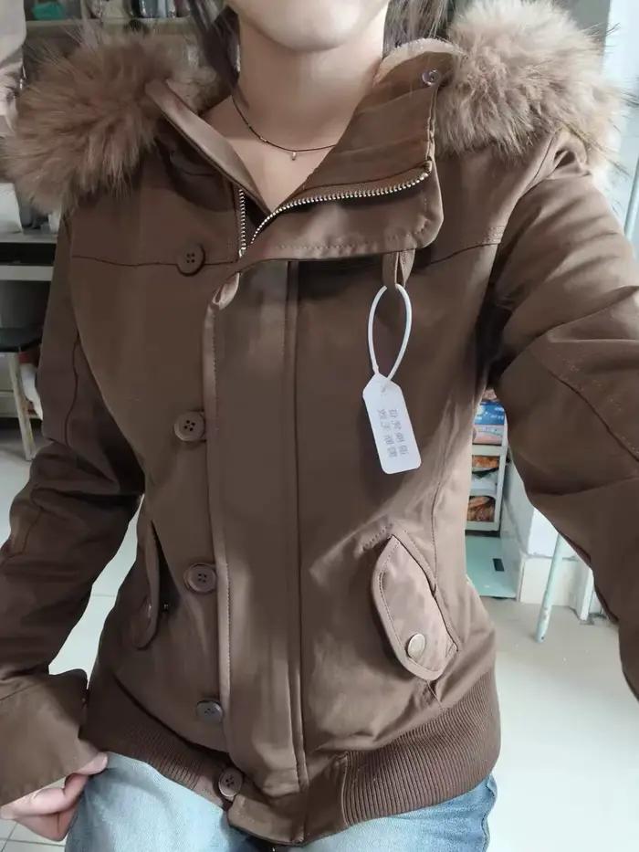 Veste parka d'hiver pour femme, doublée polaire, avec grande capuche en fourrure, marron, coupe ajustée, courte, style vintage, coupe-vent, chaude, décontractée, vêtement d'extérieur cargo