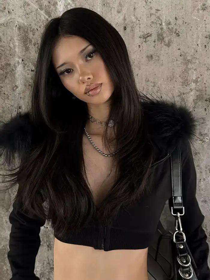 Kliou Furry Patchwork Manteaux Femme Zip Cardigan À Capuche À Manches Longues Veste Hottie High Street Style Hip-Hop Classique Vêtements