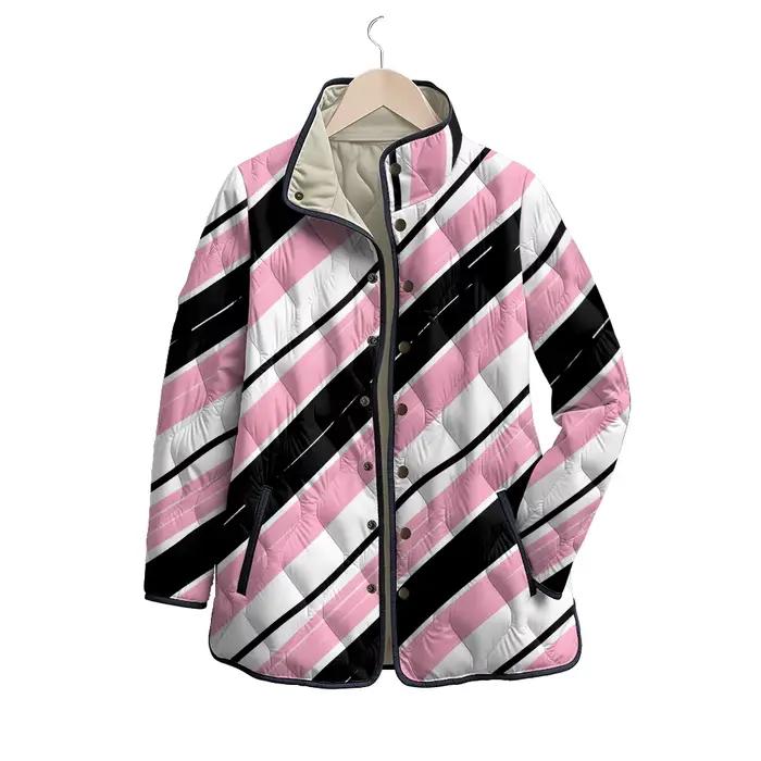 Vestes rétro tendance rose noir blanc rayures diagonales col montant léger rêveur femmes hiver mode manteaux vêtements d'extérieur