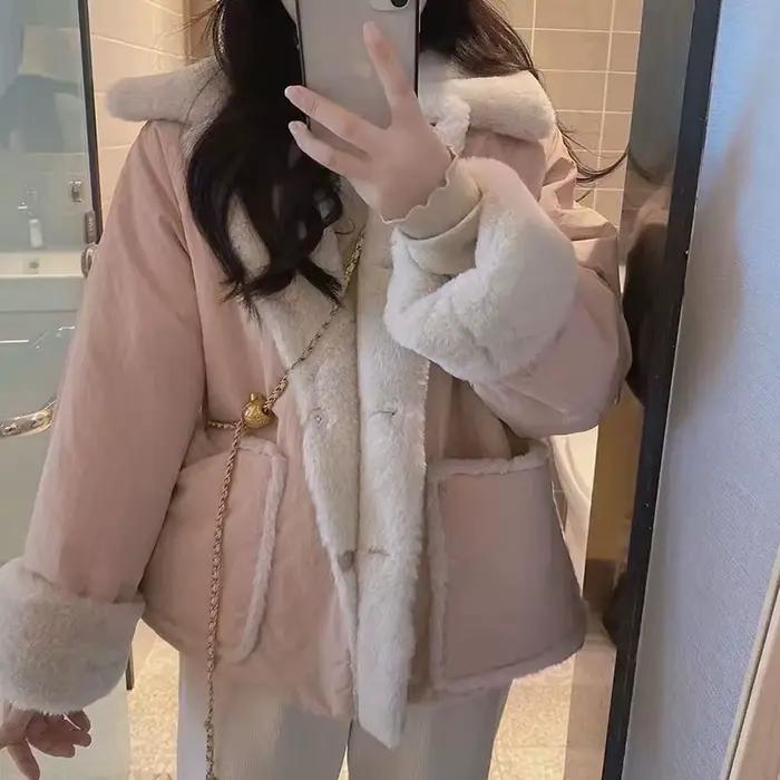 Biyaby-Parka à col à revers rose Kawaii pour femme, Parka chaude épaissie en velours, Parka à boutonnage simple pour femme, 2 grandes poches, hiver