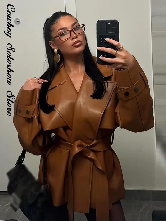 Veste en cuir vintage à lacets, col à revers uni, taille cintrée, poches, coupe ample et courte, pour femme, nouvelle mode, style urbain chic, vêtement d'extérieur 2026