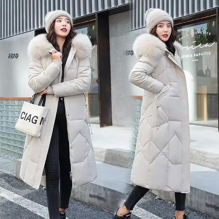 Nouvelle Veste d'Hiver Femme 2026 Mi-longue Tendance Slim Col Fourrure Épaisse en Coton Manteau Élégant Gris Parka Vêtements Femme