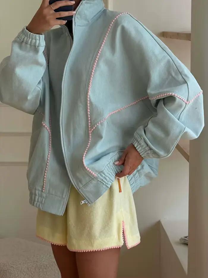 Manteau décontracté patchwork pour femme, élégant, à manches longues, avec fermetures éclair et poches, col montant, vêtement d'extérieur féminin, collection automne-hiver 2026, streetwear pour femme