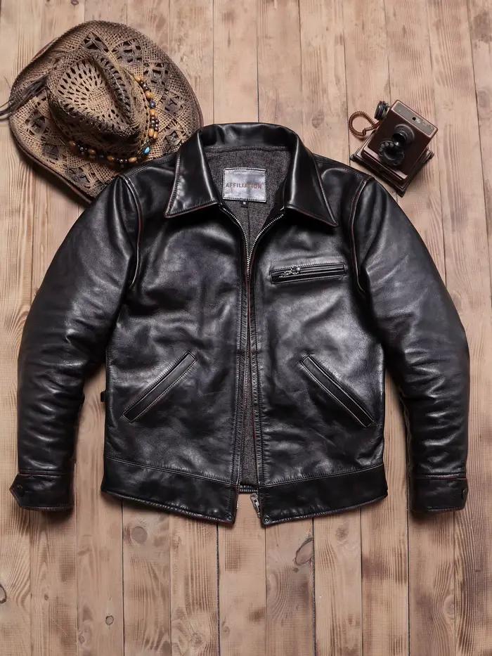 Veste en cuir noire pour homme, style rétro vintage, en cuir de vache véritable, col rabattu, coupe ajustée, courte, style années 1930