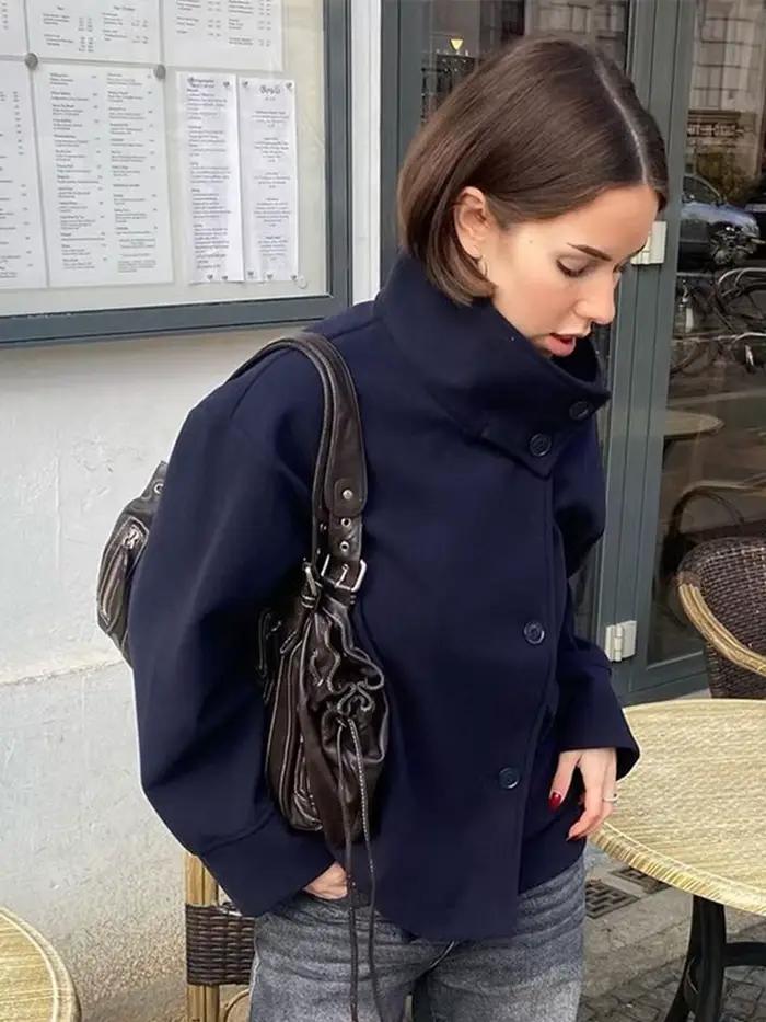 Veste en laine à col montant pour femme, manteau court, manches longues, simple boutonnage, dame de bureau, rue, hiver, nouvelle mode, 2024