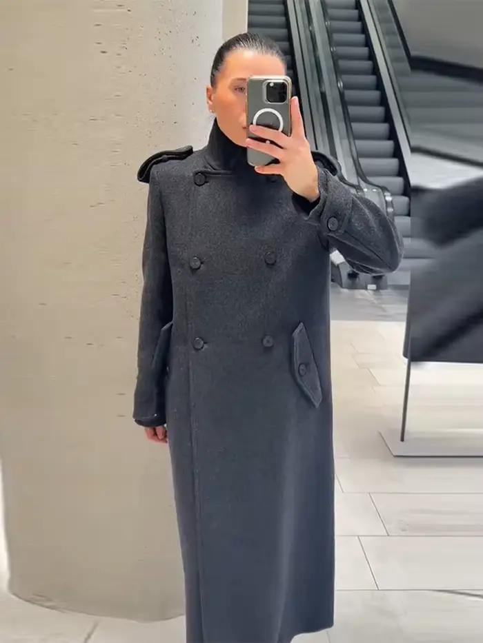 Manteaux longs à col roulé pour femmes, vestes en laine à manches longues, épaulettes de luxe, automne hiver, veste bombardier, nouveaux vêtements d'extérieur pour dames