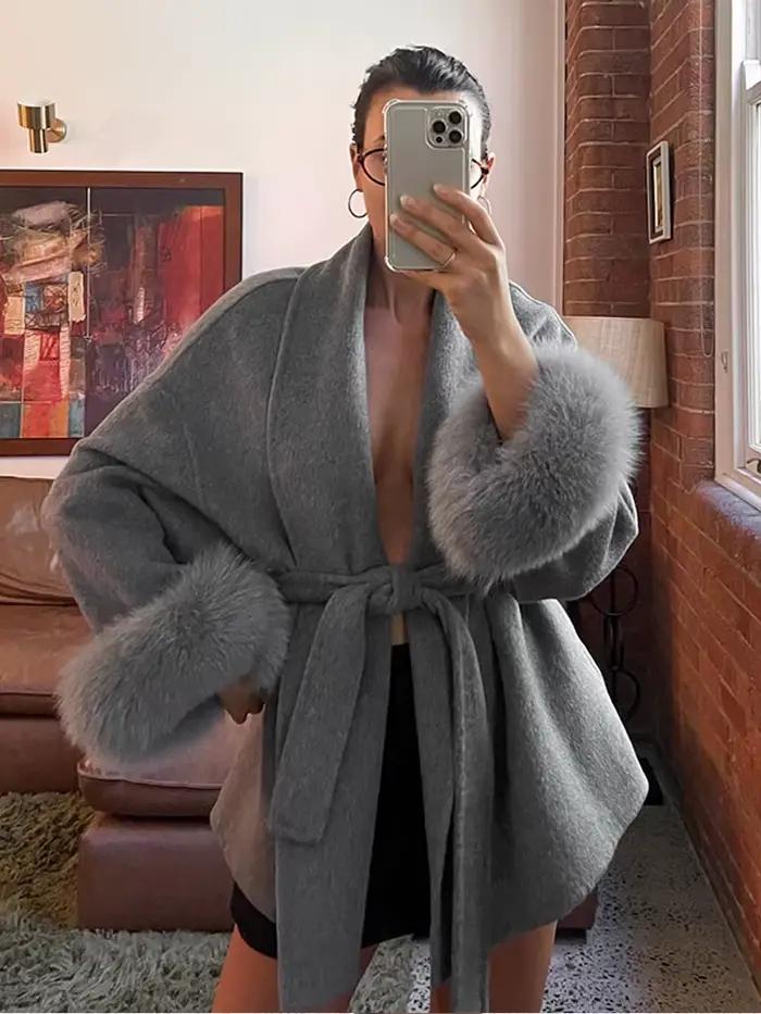 Femme gris à lacets manches en fourrure de renard veste élégante longueur moyenne col en v manteau en laine 2025 automne décontracté mode banlieue vêtements d'extérieur