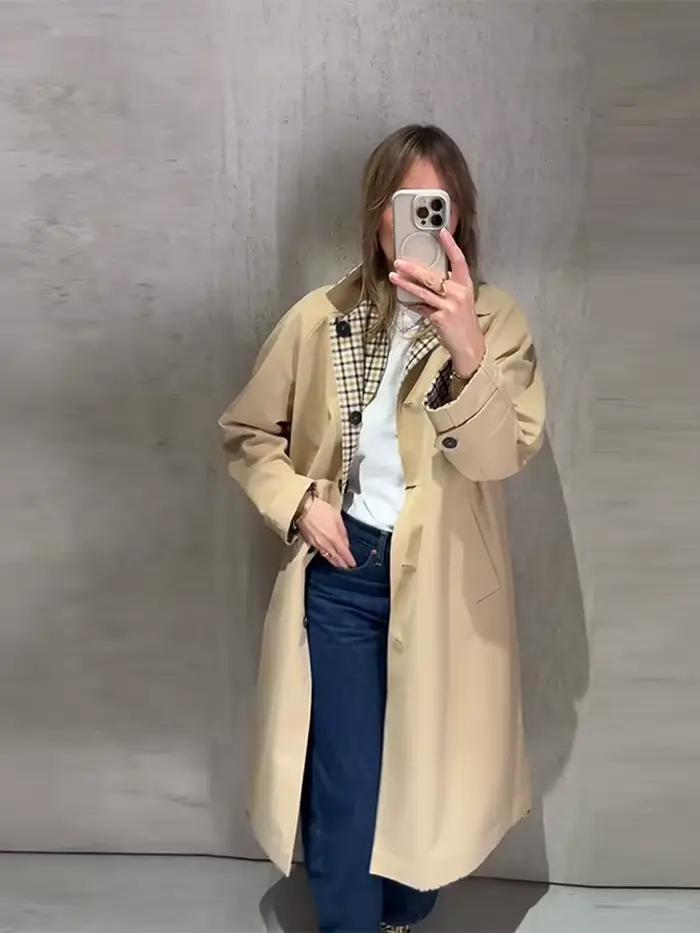 Veste mi-longue réversible à carreaux pour femme