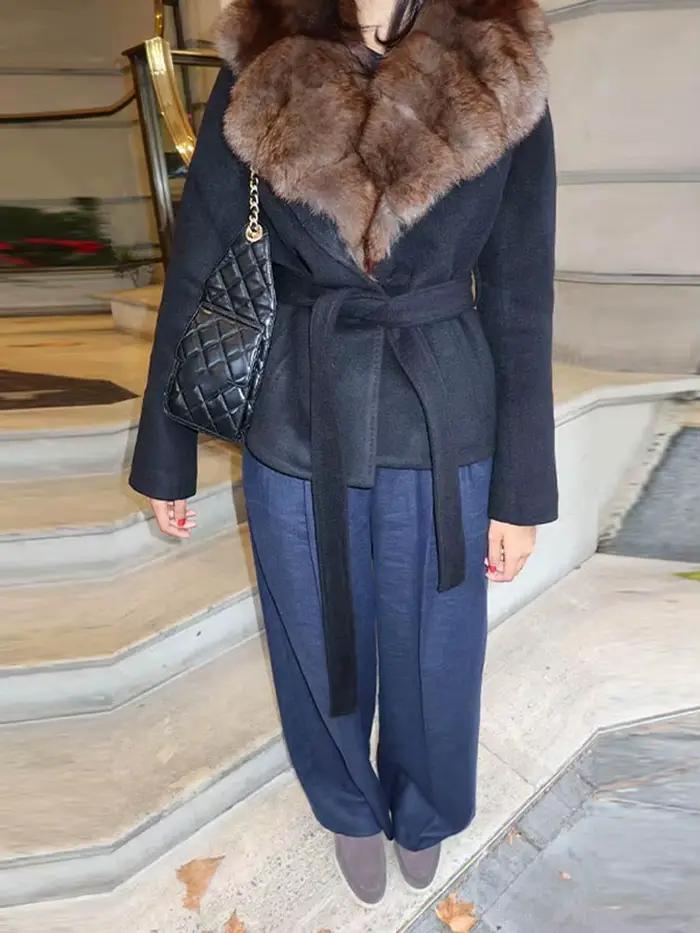 Col de fourrure à lacets manteau femme couleur unie taille cintrée manches longues vestes polyvalentes luxueux mode femmes nouveaux manteaux chauds
