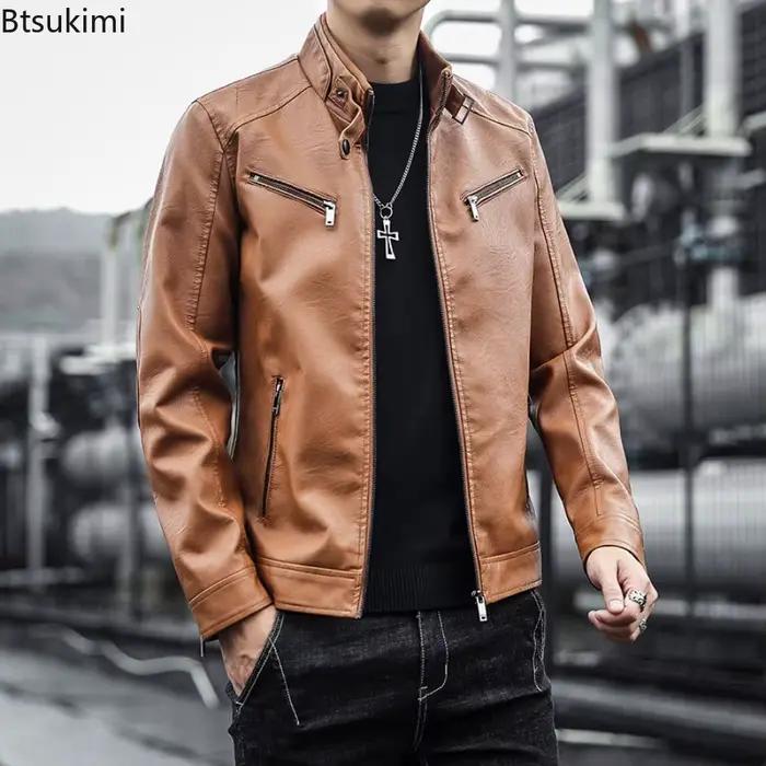 Nouveaux hommes en cuir costume vestes col montant mince Punk manteaux mode moto