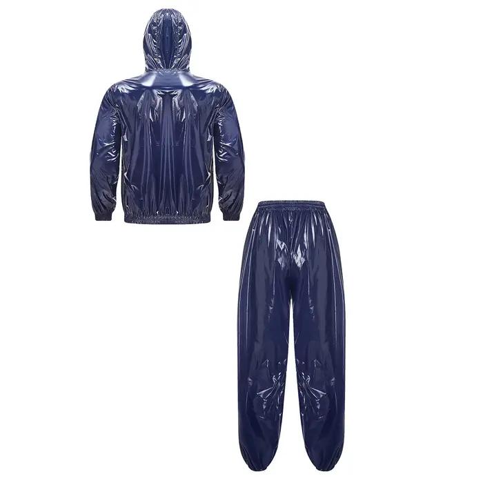 Ensemble de survêtement brillant imperméable pour hommes et femmes, tenue de sauna, veste à capuche zippée, coupe-vent, pantalon de jogging