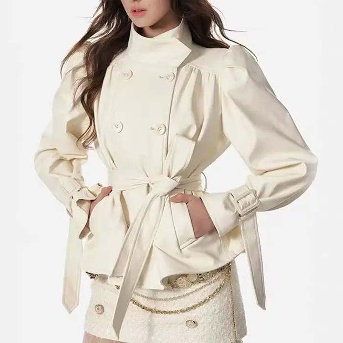 Trench-Coat à col montant pour femme, couleur unie, cuir défini à la taille, Double boutonnage, Style haut de gamme, nouvelle Collection automne 2025