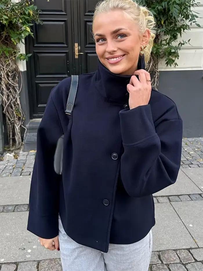 Veste femme manteau col rabattu simple boutonnage solide bouton à manches longues