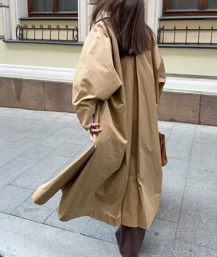 Trench-Coat Long Simple pour femmes, Trench-Coat à revers, Simple boutonnage, en pur coton, ample, automne et hiver, 2025