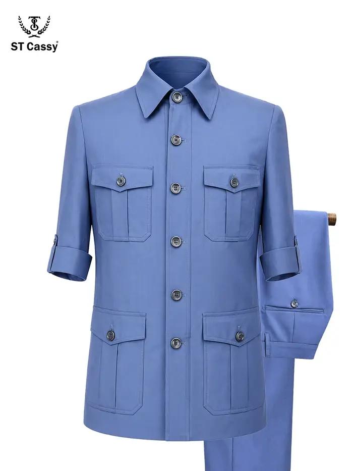 Costume homme bleu ciel Safari à manches courtes, coupe slim de luxe, 2 pièces, veste et pantalon décontractés multi-poches, léger pour l'été