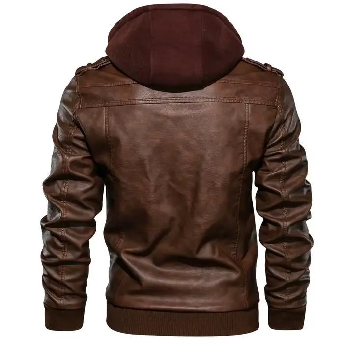 Hommes vestes faux deux veste en cuir Double fermeture éclair amovible à capuche Biker manteau en cuir mâle Cardigan pardessus