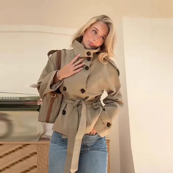 Trench-Coat de couleur unie pour femmes, col montant, Double boutonnage, cravate à la taille, élégant, décontracté, ample, confortable, tenue chaude, nouvelle collection