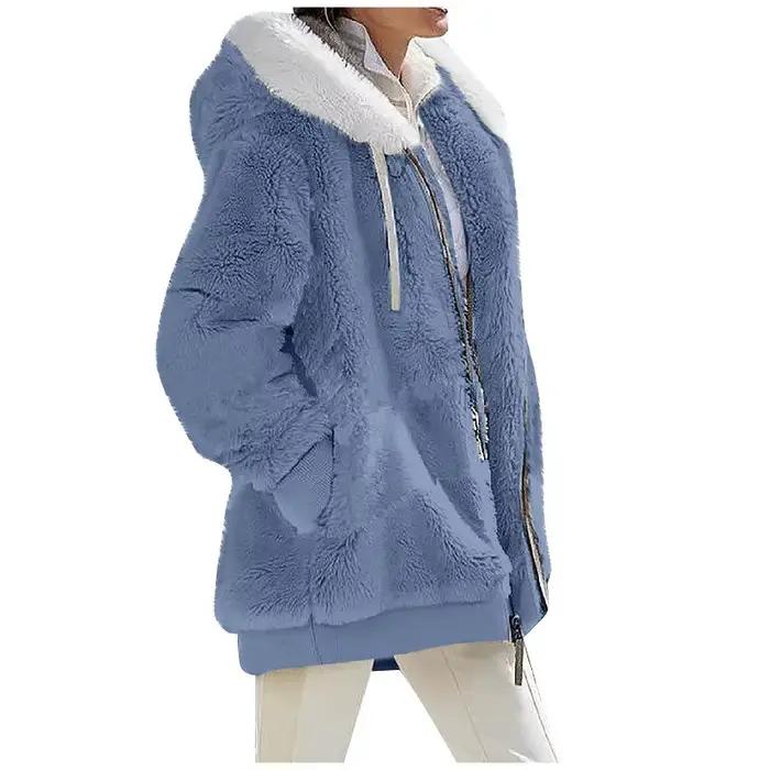 Mode d'hiver femmes manteau nouveau décontracté à capuche fermeture éclair dames vêtements cachemire automne