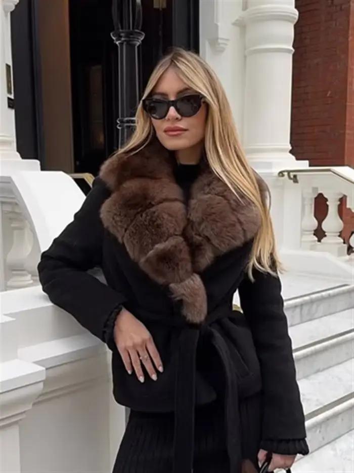 Col de fourrure à lacets manteau femme couleur unie taille cintrée manches longues vestes polyvalentes luxueux mode femmes nouveaux manteaux chauds