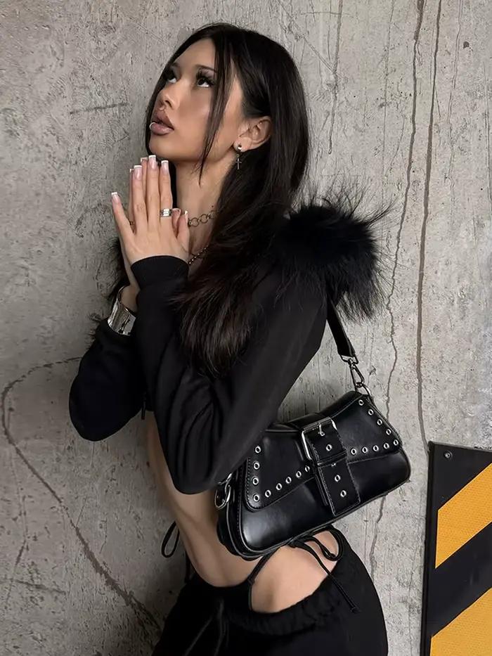 Kliou Furry Patchwork Manteaux Femme Zip Cardigan À Capuche À Manches Longues Veste Hottie High Street Style Hip-Hop Classique Vêtements