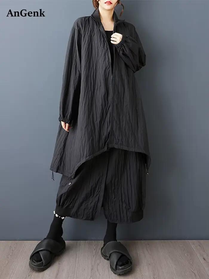 Manteau Trench Vintage Noir Irrégulier Surdimensionné pour Femme