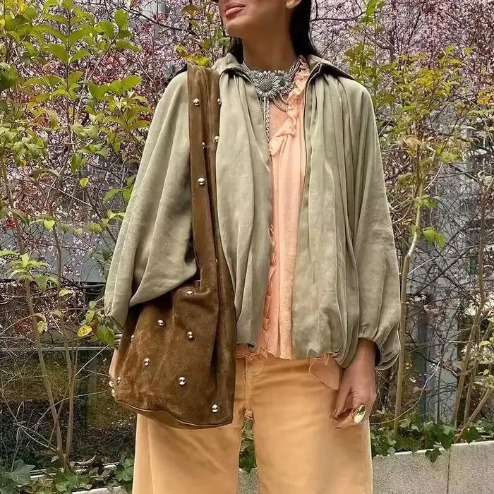 Blousons Bomber Verts Plissés pour Femme