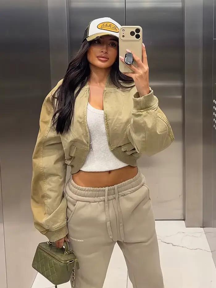 Blouson bomber court pour femme, style urbain décontracté, polyester durable, coupe ample, col rond rabattable, fermeture éclair intégrale, manches longues, vestes courtes vintage pour femmes, printemps été