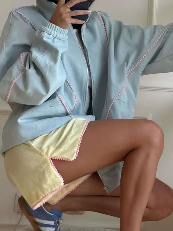 Manteau décontracté patchwork pour femme, élégant, à manches longues, avec fermetures éclair et poches, col montant, vêtement d'extérieur féminin, collection automne-hiver 2026, streetwear pour femme