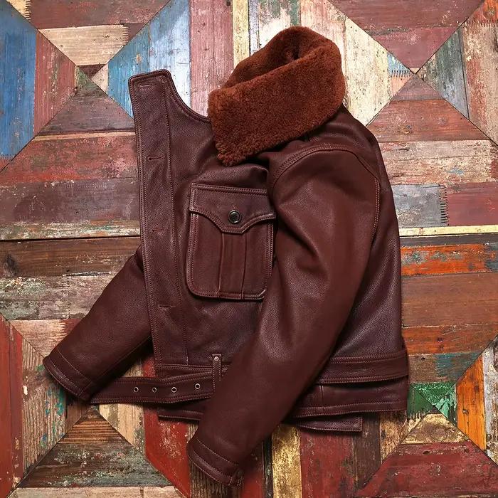 Veste en cuir d'hiver marron rouge pour homme