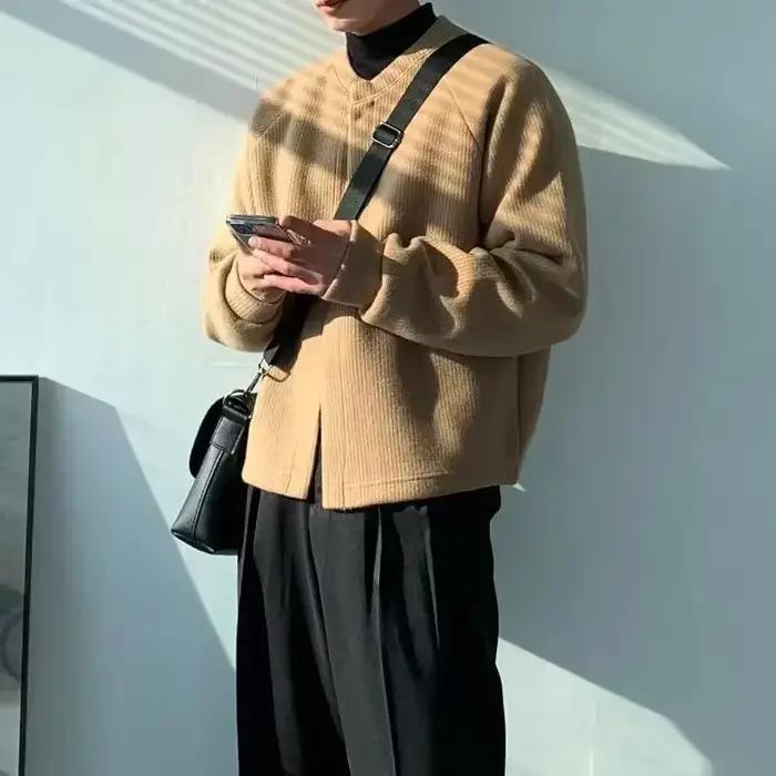 Pullover-Cardigan Court à Col Rond pour Homme, Vêtement Ras du Cou, Couleur Unie, Couleur Unie