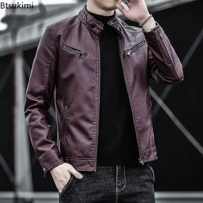 Nouveaux hommes en cuir costume vestes col montant mince Punk manteaux mode moto