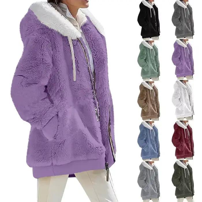 Mode d'hiver femmes manteau nouveau décontracté à capuche fermeture éclair dames vêtements cachemire automne