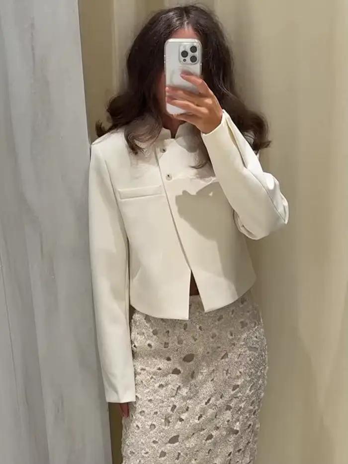 HH femmes automne mode vestes blanc col mi-haut manches longues poches simple boutonnage femme haute rue manteaux