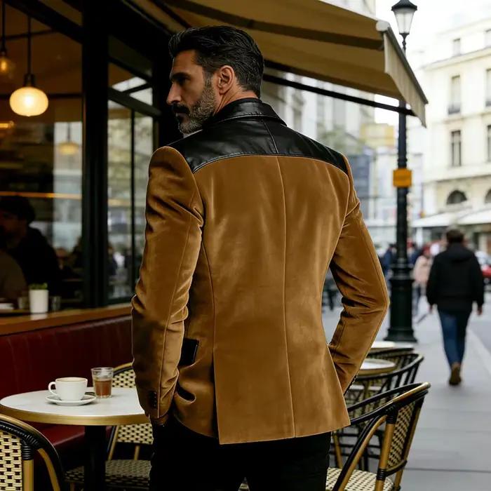 Blazer en velours camel pour homme avec patchwork en cuir
