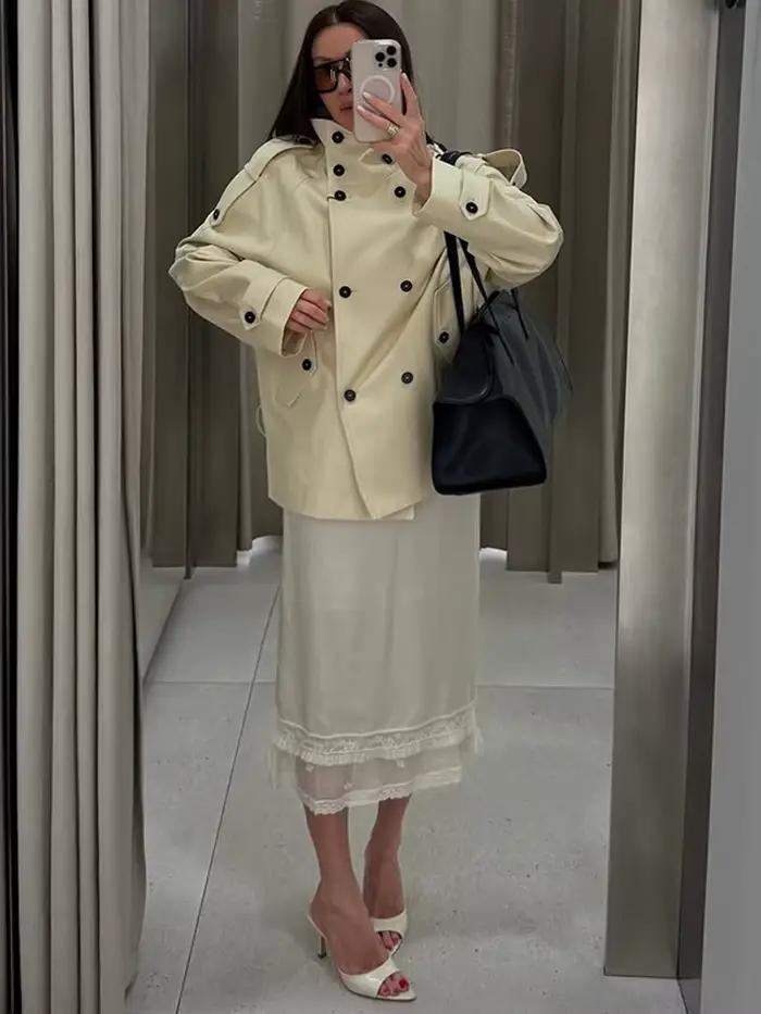 Manteau Trench Chic Avec Double Boutonnage Pour Femme Occasions Printemps Automne Polyester Elégance Urbaine Mode Streetwear